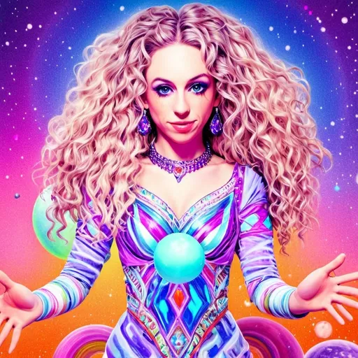 Prompt: A super hyperrealistic yet also illustrative and creative female cosmic jester, made entirely of swirling pure colored light, with long wild curly hair that appears blond but dazzles as a spectrum of hues, floats effortlessly in the heart of a kaleidoscopic nebula. Adorned in avant-garde "astral" jester's attire, her ensemble is a masterpiece of ever-shifting patterns, her definitive jester’s hat extending into infinite fractal shapes that seem to defy the laws of space. Her intricate clown makeup glows with phosphorescent neon greens, electric pinks, and ultraviolet blues, accentuating her mischievous, otherworldly charm. Around her, the stars pulse like strobes in a cosmic dance party, and she juggles shimmering orbs of liquid starlight that burst into tiny galaxies upon contact, each orb reflecting infinite multiversal possibilities. The space surrounding her vibrates with celestial harmonics, a symphony of astral wonder, while an aurora of quantum particles weaves itself into a living tapestry of harlequin diamond fractals, tiling and morphing endlessly. She sparkles and dazzles as her laughter chimes like crystalline bells, embodying the essence of cosmic whimsy and wonder, a living Möbius strip of light and joy in an infinite astral playground.