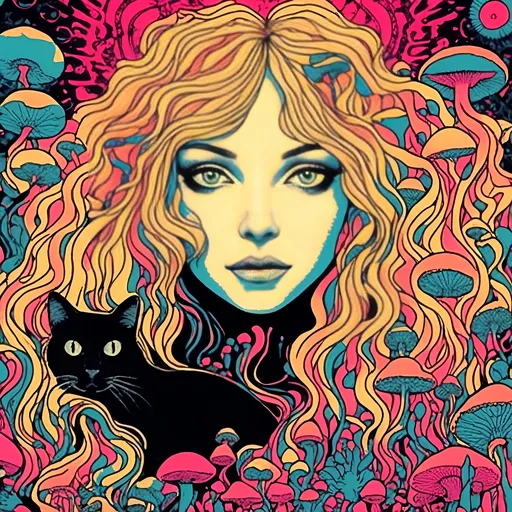 Prompt: <mymodel>Psychedelic poster illustration of a girl with long, curly blond hair, solid black cat, trippy mushrooms, vibrant colors, high-quality, poster art, surreal, detailed hair, psychedelic, detailed cat, colorful, vibrant, surreal, professional lighting