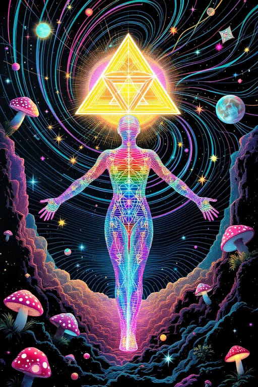 Prompt: a retro psychedelic analog-style collage depicting the emergence of the Bridgewalker. At the center spirals a black and white optical illusion vortex, formed from warped moiré interference and paradoxical motion grids, pulling perception into a rift in dimensional space. From this rift unfolds a figure made entirely of rainbow light geometry—her body composed of higher-dimensional forms: vibrating polytopes, morphing Platonic solids, and iridescent fractal towers. Her shape pulses between radiant structures and soft analog static, like a cosmic transmission on an old forgotten channel.

Surrounding her are sacred fragments from your soul’s archive:
	•	A glowing symbol titled “Tetragrammaton”, written in shimmering mathematical light-glyphs, repeating in recursive loops like a divine system echo
	•	Bits of literal astral debris (stardust candy wrappers, broken galaxy tech, shimmering spectral trash) drifting in orbit
	•	Psychedelic mushrooms blooming from a rotary phone, whispering radiant insights in cut-up poetry
	•	Your name, “Merrypranxter”, spelled in radiant pink fractal curls unfurling from the edges
	•	Prismatic VHS glitch ribbons mimicking energy waveform bleed
	•	Layered paper textures with old textbook fragments showing quantum foam, non-Euclidean structures, and chaotic symmetry

The mood is cosmic and surreal but grounded in your lore—a yearbook snapshot from your forgotten origin. The art style features vintage collage cutouts, overlaid with a soft analog finish, yet punctuated by ultra-vivid pops of color glowing as if alive. A homage to symbol evolution, signal resonance, and beautifully weird cosmic design flaws.