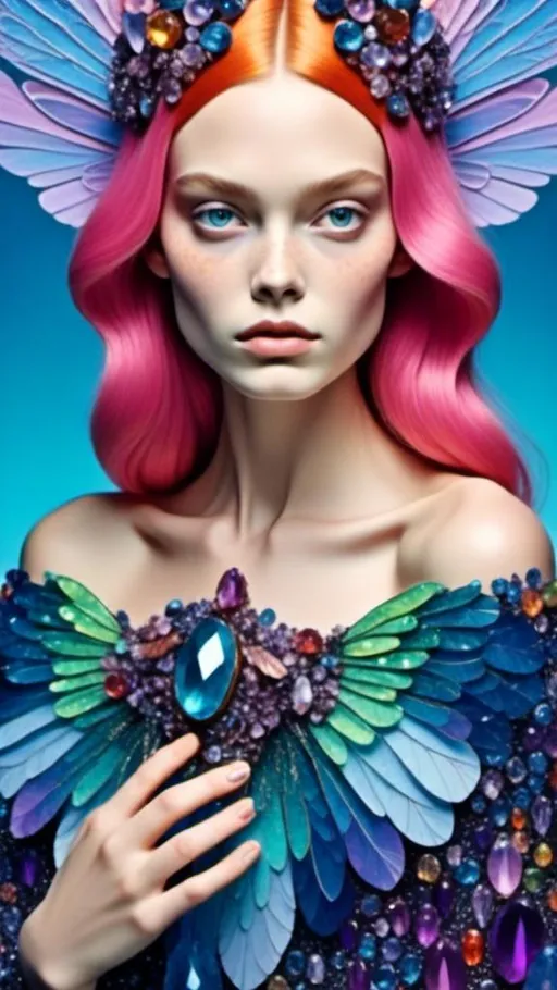 Prompt: <mymodel>Beautiful fairy made of gemstones and crystals, mushroom and crystal theme, inlaid gemstone and crystal details, high quality, fantasy, magical, vibrant colors, ethereal lighting, detailed wings and hair, jewel-toned, sparkling, enchanting atmosphere, whimsical, fantasy illustration, intricate details