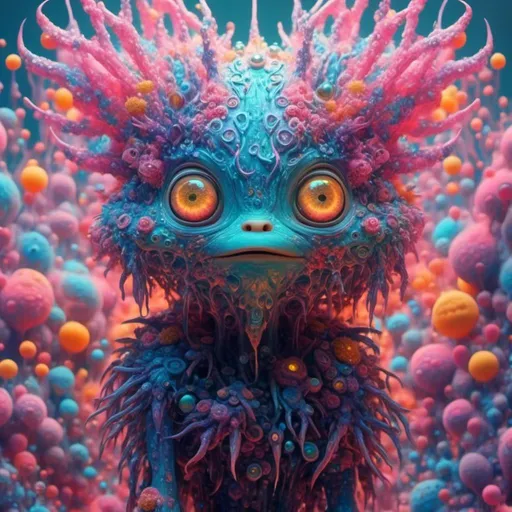 Prompt: <mymodel>an extremely hyper realistic super textural psychedelic entity/creature, trippy, weird, surreal, fractals, multidimensional geometric shapes, eyes, human teeth, lots of light, bright pastel colors, luminous, glowing, extremely textural