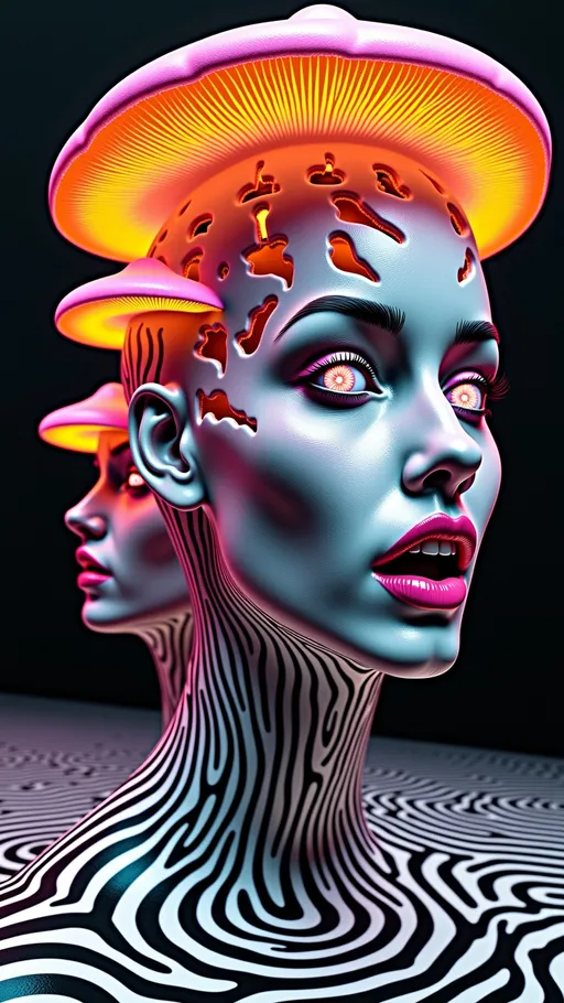Prompt: Visionary portrait of Merry, her body fracturing into mirrored shards of herself—each shard laughing wildly, eyes sparkling with kaleidoscopic glee. Her many arms extend in impossible directions, hands twisting into spirals and glitching pixels. The scene is a fungal fractal wonderland—giant bioluminescent mushrooms tower overhead, their translucent caps glowing with neon gradients and dripping refracted rainbows. Their stems are lattices of living geometry, etched with holographic optical illusions that bend perspective and shimmer like liquid glass. The air hums with recursive fractal spores, each glowing like tiny galaxies, floating outward and looping back in endless recursion. Black-and-white moiré patterns ripple across the ground like shifting zebra-stripe rivers, colliding with acidic neon glitch fields of hot magenta, emerald, cobalt, and ultraviolet. Merry’s many laughing faces echo endlessly across mirrored planes, breaking and reforming in infinite recursion. Reality itself seems to melt into her—fungal, holographic, kaleidoscopic, laughing—a hallucination encoded in geometry and spores.