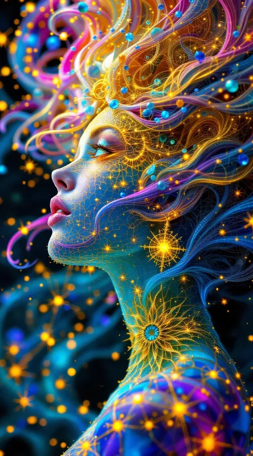 Prompt: A woman formed from recursive fractal systems—her 5’4” frame sculpted in golden-ratio Mandelbulb musculature, wrapped in escape-time tiles that cycle across radiant spectra: plasma blue, aurora pink, molten teal. Her skin is alive with Newton fractals and Penrose symmetries—no surface repeats, every motion unfolds new math. Julia-set eyes spiral with golden halo-rings, blinking with symbolic time crystal pulses. Her brows arc in bifurcation diagrams, while her lips shimmer with fractal flame—iridescent wisps in fuchsia-lime fire. Her hair erupts in L-system curls and braid-group logic—recursive strands glowing in spectral braids of coral, violet, and acid green. Orbiting her is a sacred glyph-sparkle field: ultrachromatic motes arranged in Penrose lattices, flickering in Fourier dreamspace. Each sparkle is a micro-fractal: a Koch snowflake, a fernlet, a modular form, blinking in and out of phase. But the real sparkle—layer three—follows no symmetry. This is sparkle entropy: shimmer encoded in chaos bloom. Glyphlets trigger on motion, pulsing in reaction-diffusion ripples. Sparkles cluster, scatter, regrow in fractal resurrection bursts—each spiral bloom birthing new lightforms. Sparkle logic is observer-reactive—look, and the glyphs multiply; blink, and they rearrange. Her aura hums in neurofractal empathy, trailing emotion-flares in recursive rainbow feedback. Turing-pattern microbursts crawl under her skin, while her chest pulses with an entropy-heart engine—beating recursive math into chroma-storm breath. The background folds into Mandelbrot cathedral shells—rainbow oilglass reflecting her infinite feedback shimmer.
