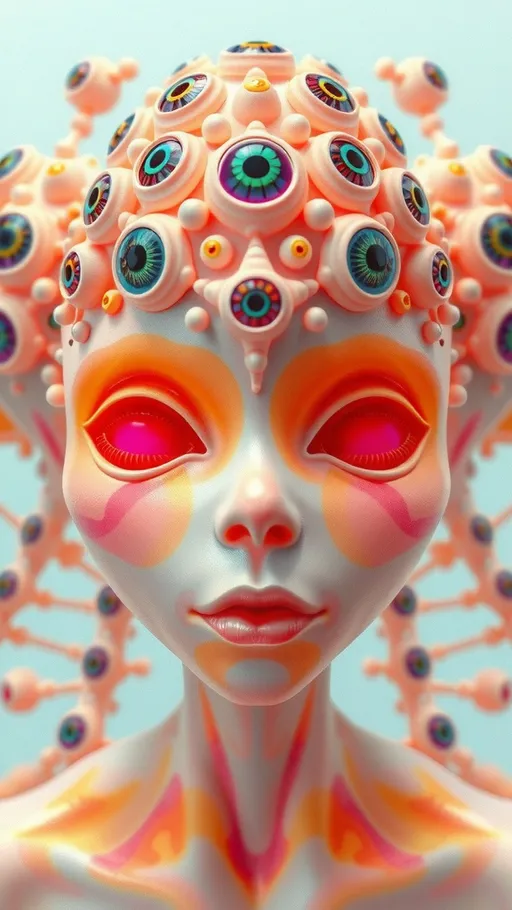 Prompt: an extremely hyper realistic ultra super textural weird trippy surreal psychedelic entity, gyroid structures, Pascal's Triangle, white, translucent, clear, bright bright pastel colors, oil slick rainbow sheen effect, lots and lots of light, lots of crazy colorful compound psychedelic human eyes, rows of human teeth, fungus, atoms, diatoms, gyroid structures, Pascal's Triangle