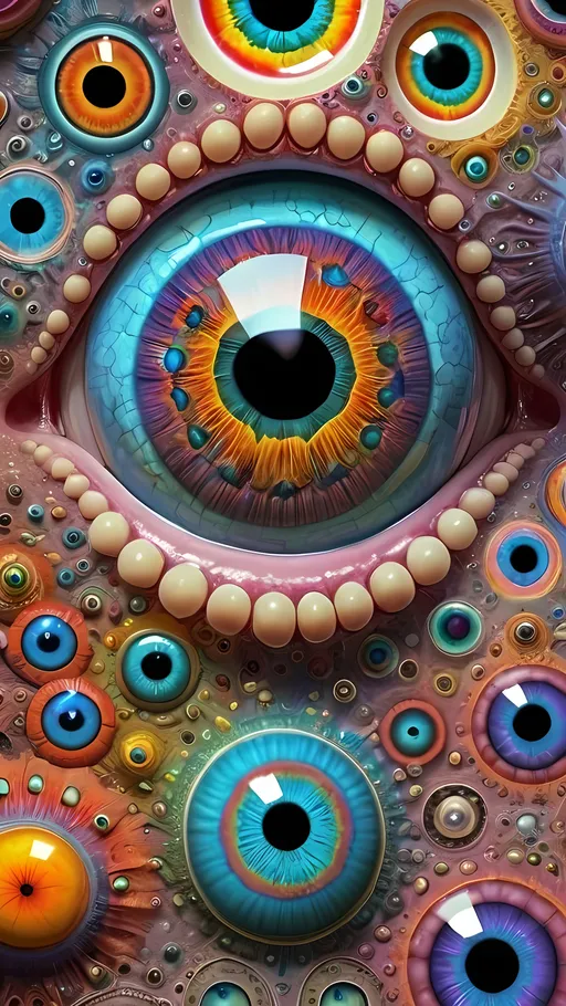 Prompt: an extremely hyper realistic ultra super textural weird trippy surreal psychedelic entity, cantor set, apollonian gaskets, catenoids, white, translucent, clear, bright bright pastel colors, oil slick rainbow sheen effect, lots and lots of light, lots of crazy colorful compound psychedelic human eyes, rows of human teeth, fungus, atoms, diatoms, enneper sufaces, apollonian gaskets, cantor set 