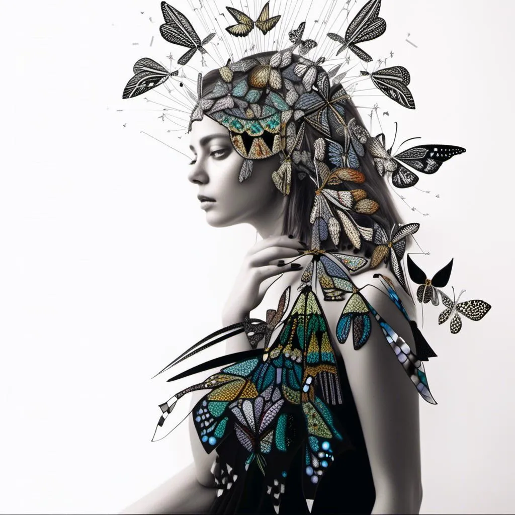 Prompt: a photograph of a woman (color or black and white) with multimedia elements added to create the appearance that she is a beautiful intricate moth, with moth wings and antennae created from paint, paper, photos, glitter, iridescent enamels, nail polish, rhinestones, thread and string, fabric, folded paper etc<mymodel>