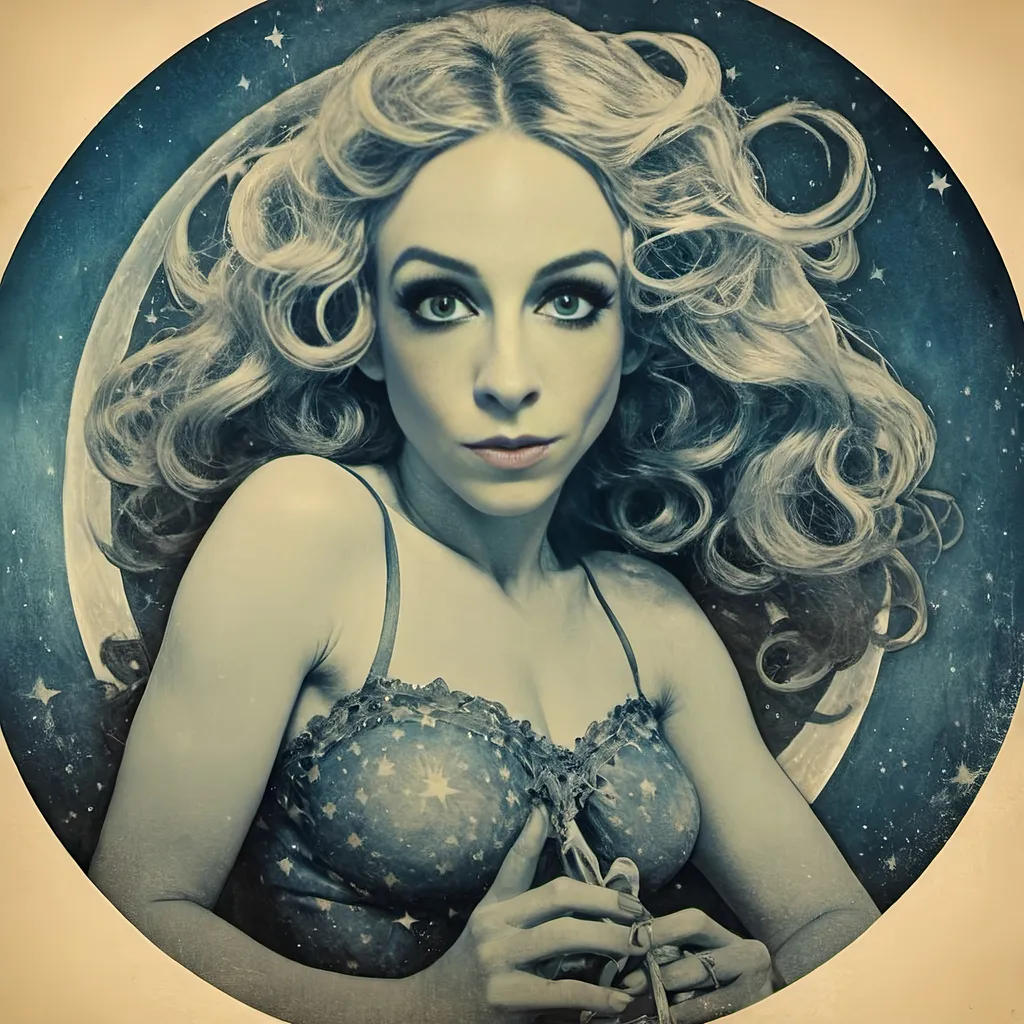 Prompt: Vintage Cyanotype print of a alien girl on the moon, long curly blond hair,  detailed silhouette, vintage artistic style, cool tones, subtle moonlight, high quality, cyanotype print, vintage, detailed silhouette, moon, girl, subtle lighting, cool tones