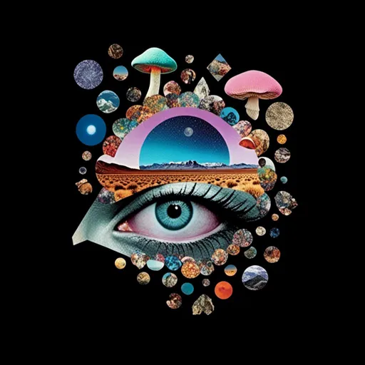 Prompt: <mymodel>surreal Psychedelic collage of spliced photographs, mushrooms, eyes, crystals, alien landscapes, desert landscapes, mountain landscapes, space, planets, orbs, psychedelic patterns, geometric shapes, optical illusions, highres, ultra-detailed, surreal, psychedelic, vibrant colors, cosmic, intricate details, surrealistic, dreamy lighting