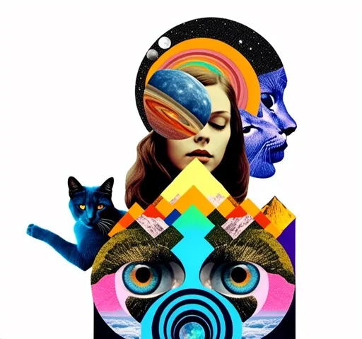 Prompt: <mymodel>Psychedelic collage of a woman, spliced and edited with psychedelic planets, cats, and UFOs, a psychedelic open third eye, incorporating paint, enamel, and found objects, black and white optical illusions, high quality, surreal, vibrant colors, trippy, psychedelic, detailed collage, cosmic theme, colorful lighting surreal collage