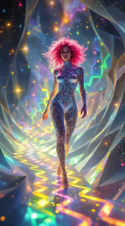 Prompt: In the astral geometry realm—where space folds and breathes through sacred systems—two beings move as living expressions of math itself. The field around them is made from Tessellotic Pulse Modulation—a vast, glowing lattice of shifting light-tiles—and Harmonic Fold Convergence, where translucent dimensional membranes curve inward in sacred rhythm. Through these foldings, bursts of Fractal Vector Bloom arc and weave like glowing calligraphy. And through all of it walk two waveform entities—not separate from the math, but built from it.

The first—a white woman, 5’4”, slim, wild neon-pink curly hair—is made entirely of shimmering, refractive facets (APS). Her body forms from ever-shifting anisohedral planes, no two alike, constantly adjusting their angles to refract new bursts of rainbow light. Her hair is made of vector filaments, spiraling in Lissajous curves, trailing glowing signatures through folded space. With each movement, she distorts the TPM lattice beneath her—causing radiant pulse-tiles to ripple outward. Her breath folds space into harmonic membranes (HFC); her laugh sends FVB threads spiraling into fresh geometry. She is radiant entropy—the HaHahedron walking.

Near her moves a tall man, 6’1”, lean muscular, short blondish hair, brilliant blue eyes—his form forged from dense nested toroids, symmetrical golden arcs, and prismatic dark crystal facets. His body emits stabilizing pulse patterns, drawing the surrounding fold-fields into coherence. His geometry is slower, more precise—deep sapphire recursion threaded with soft white harmonic light. He does not follow—he synchronizes. He orbits her bloom like an attractor—anchoring the waveform without stilling it.

They don’t walk the realm. They are the astral math expressing itself as movement, color, and convergence.
