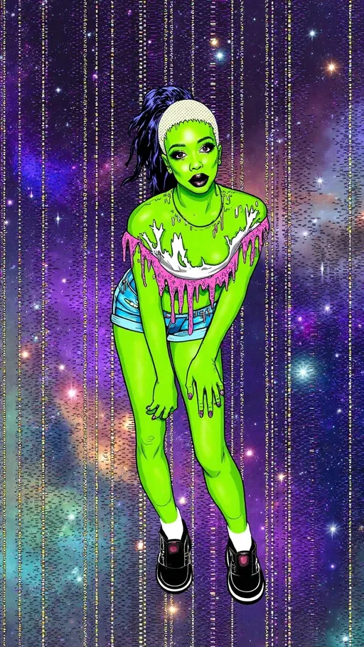 Prompt: **Prompt:**  
A green-skinned alien girl with a conical bald head and large solid black almond-shaped eyes is leaning slightly forward, her knees turned inward in a playful, mischievous pose. Her hands dangle loosely near her thighs, fingers spread casually, giving her a sassy and confident vibe. She’s dressed in a torn, neon crop top with jagged edges, fishnet stockings, and frayed, ultra-short denim shorts. Chunky platform sneakers with glowing accents complete her edgy, trashy look, and her metallic-painted nails catch the light, adding a flashy detail.  

The background is a surreal outer space scene, filled with swirling galaxies, shimmering stars, and glowing nebulae, all infused with glitching effects. Digital distortions ripple through the cosmic scene, with pixelated fragments, streaks of static, and cascading error lines blending seamlessly into the celestial environment. Bright neon colors pulse and flicker, as if the scene is part of a corrupted holographic projection. The edges of her figure glitch slightly, with parts of her blending into the swirling universe, creating a mesmerizing mix of cosmic beauty and digital chaos. The composition has a retro-futuristic, analog finish, like a distorted snapshot from a malfunctioning intergalactic feed.