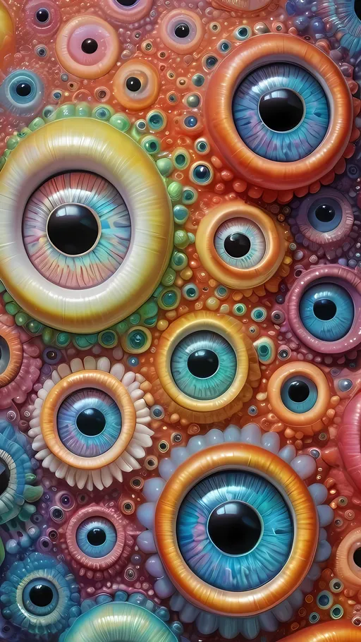 Prompt: an extremely hyper realistic ultra super textural weird trippy surreal psychedelic entity, cissoids , white, translucent, clear, bright bright pastel colors, oil slick rainbow sheen effect, lots and lots of light, lots of crazy colorful compound psychedelic human eyes, rows of human teeth, fungus, atoms, diatoms, cissoids