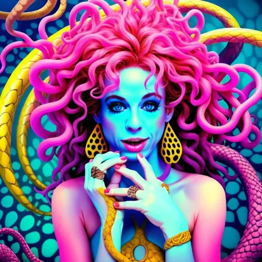 Prompt: A surreal, psychedelic portrayal of Medusa, where you, a caucasian slim woman with long wild pink very curly hair and piercing blue eyes, embody the mythical figure in a dreamlike, kaleidoscopic setting. Your pink curls morph into a cascade of neon, glowing snakes in shades of electric green, ultraviolet purple, and fiery orange, their scales shimmering like liquid crystal under a blacklight. The snakes coil and writhe around your head in hypnotic, fractal patterns, their eyes glowing with an otherworldly luminescence.

Your skin glows with iridescent hues, shifting between soft pastel pinks, radiant blues, and golden yellows, as though lit from within by the energy of the cosmos. The background is a swirling vortex of psychedelic patterns, reminiscent of the works of Alex Grey and Peter Max, with intricate mandalas, paisley designs, and spiraling galaxies in a vivid color palette of magentas, teals, and lime greens. 

The scene has a retro-futuristic, analog collage feel, with textures that resemble hand-painted brushstrokes and airbrushed gradients. The lighting is dramatic, almost celestial, with beams of light breaking through the swirling patterns, casting glowing highlights across your face and the snakes. The mood is seductive yet dangerous, with an aura of divine power and mystery.

Your blue eyes are mesmerizing, glowing like twin pools of bioluminescent light, drawing the viewer into your hypnotic gaze. The snakes seem alive with movement, their scales catching the light in dazzling, prismatic reflections. The outlines are soft and fluid, blending seamlessly into the background, giving the entire image a dreamlike, ethereal quality.