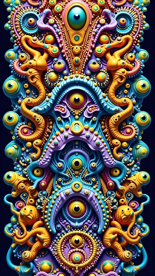 Prompt: An extremely super hyper detailed hyperrealistic weird surreal trippy psychedelic entity unfolds, adorned with an intricate array of eyes arranged in a mesmerizing Fibonacci Spiral. These eyes shimmer with the vibrant colors of chrysoberyl, ranging from yellow to green, with bursts of chatoyancy mimicking a cat's eye effect.

Rows upon rows of psychedelic teeth, resembling jagged hexagonal tiling, interlock seamlessly, their surfaces gleaming with the adamantine luster of zircon. The teeth exhibit fractal-like patterns, echoing the infinite complexity of the Mandelbrot Set.

The entity's skin is a shifting tapestry inspired by the iridescent tarnish of bornite, or "peacock ore," transitioning into translucent cuprite, with deep red and crimson octahedral crystals refracting light. This surface is further embellished with the smooth, glossy texture of Orbulina universa, adding subtle depth.

Quantum strings vibrate within the entity, forming a dynamic interplay of light and shadow. These strings create a network pulsing with the energy of quantum entanglement, linking parts of the entity in a harmonious yet chaotic dance.

The background is a swirling cosmos of fractal geometries, dominated by a hyperbolic tiling pattern that bends and warps, creating infinite depth. The scene is punctuated by quasicrystals, their intricate, non-repeating patterns adding unpredictability and wonder.

In this realm, the laws of physics are fluid, allowing quantum tunneling, where particles ghost through barriers, leaving trails of luminescent energy. The air glows with quantum dots, casting a spectrum of colors across the scene.

This psychedelic entity and its environment are a testament to the boundless creativity of the universe, a kaleidoscope of mathematical precision and organic chaos, where every detail is a celebration of light and shine.