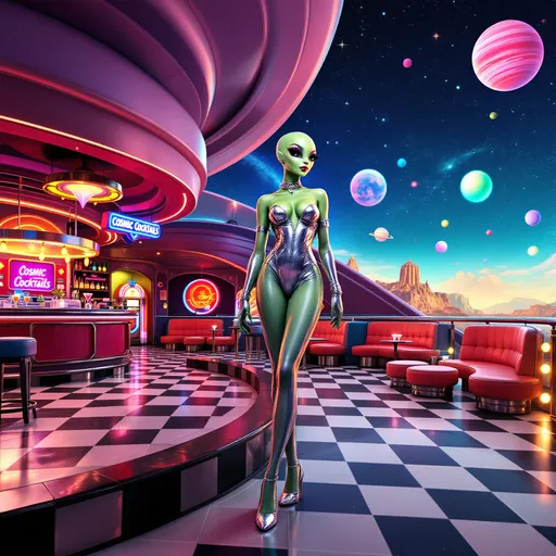 Prompt: A glamorous bald alien pin-up lounges on the open-air deck of a retrofuturistic UFO bar, styled in a vivid cartoonish retro pop aesthetic. She has vivid green skin, and large solid black almond-shaped eyes. Her body is fashion doll-perfect, wrapped in a sparkling chrome strapless romper paired with silver high heels and metallic arm cuffs. She stands confidently on a black-and-white checkered floor that extends to the edge of the open deck, where the cosmos yawns wide—outer space fully visible in the background, with glittering constellations, candy-colored planets, pastel nebulas, and floating asteroids casting soft holo-glows. Inside the lounge, the décor is pure atomic-age space camp: vinyl booths shaped like crescent moons, planet chandeliers, a rocket-shaped jukebox, neon signs for “Cosmic Cocktails,” and orbiting martini glasses that hover midair. Chrome finishes and pastel lighting bathe the entire scene in analog sparkle, blending 1950s glam with deep-space dazzle in a dreamy outer space skyline.
