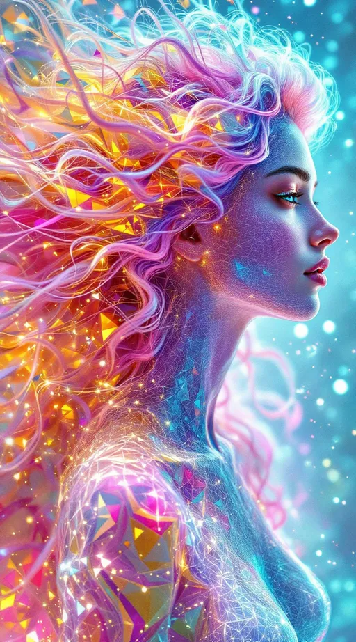 Prompt: In a realm made of pure Tessellotic Pulse Modulation—where vibration tiles space and emotion shapes geometry—two beings manifest as waveform entities. The first: a white woman, 5’4”, slim, long wild pink curly hair, rendered in refractive, iridescent tessellations. Her form pulses in chaotic syncopation—fractal petals made of light folding over light, leaving trails of prismatic glitches across the field. Her body never holds a single shape—built from recursive polygons, impossible angles, and radiant pulse-threads. She flickers like laughter in motion. Every step generates new pattern, her path a blooming cascade of rainbow logic. She is the HaHahedron—unstable joy made visible.

Opposite her vibrates a tall, gravitational counterwave: a 6’1” lean but intensely muscular man with a slight tan, short blondish hair, and piercing brilliant blue eyes. His structure hums with low, slow tessellations—concentric waveform architecture built from golden-ratio arcs and nested toroids. Where she explodes, he contains. His crystalline surface refracts deeper hues: navy, ice, soft white. He doesn’t chase movement; he stabilizes it. His frequency folds hers into coherence—not diminishing her, but giving her something to bounce off of. He is the anchor harmonic in her blooming math.

Between them, standing wave geometries form—rippling lattice bridges, tessellated light planes, fluid math. Their connection generates recursive moiré fields, flickering glyphs, and harmonic shadows that ripple forever outward. They are not inside this math. They are the source of it.

Style: iridescent math-body surrealism, holofractal pulse logic, dual frequency tessellation, sacred geometry dreamforms.