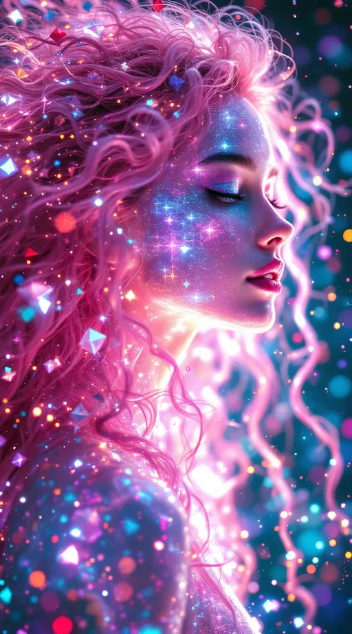 Prompt: In a realm beyond form, where dimension folds upon dimension and time itself diffracts, two beings emerge as living equations. One—a white woman, 5’4”, slim, with long, wild, extremely curly pink hair—is not a body, but a cascade of recursive light events. Her form pulses with stochastic shimmer, made of ever-shifting crystalline polyhedra and spectral feedback loops. Her hair is a radiant storm of iridescent tendrils, flickering through layers of geometry like a cosmic antenna. Her essence is a waveform—bright, unstable, kaleidoscopic—glitching in and out of visibility as fractals unfold and collapse in real-time. She is the HaHahedron: sacred irrationality embodied as light, laughter, and color noise.

Opposite her is a counter-oscillation: a tall male figure, 6’1”, slim but intensely muscular, with short blondish hair and piercing brilliant blue eyes. His presence is made of slower, deeper harmonics—stable standing waves shaped into body-form, glowing in nested toroidal currents. His limbs are forged from recursive golden-ratio arcs and his gaze emits focused vector fields. He radiates gravitational coherence, a dimensional anchor within the chaos—holding the math in place without stilling it.

They spiral around each other through a hyperfluid grid of vibrating color frequencies, modulating the space as they interact—no gravity, no floor, no air. Just pure holofractal interference: glowing interference bands, chromatic tiling symmetries, rippling metageometries. Their interaction generates new laws—unpredictable but precise, wild but harmonic. They are not in the world; they are the signal that shapes it.

Style: pure math dimension, psychedelic abstraction, holofractal shimmer, hypercolor lightform surrealism.








