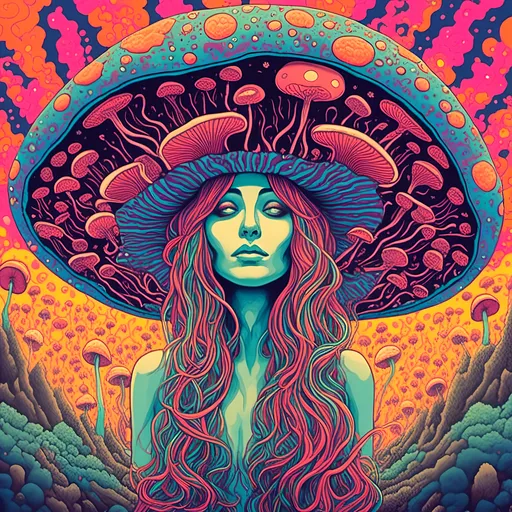 Prompt: <mymodel>Psychedelic illustration of the Mushroom goddess, mother mushroom, fungus deity, vibrant colors, trippy patterns, surreal landscape, high quality, digital art, vibrant, surreal, detailed fungi, ethereal lighting