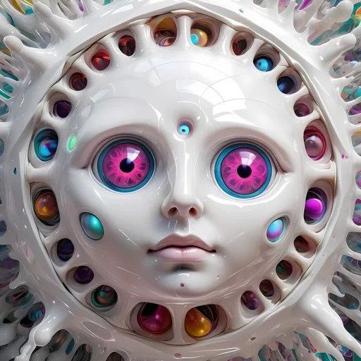 Prompt: a translucent white many sided multidimensional extra dimensional geometric shape churning through many extra dimensions etherically, covered in eyes, biological and mechanical simultaneously with random pops of brilliant vibid psychedelic color 