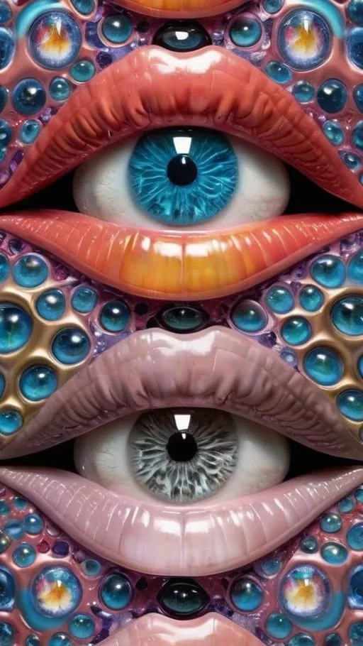 Prompt: Create an extremely hyper-realistic, ultra super textural, weird, trippy, surreal, psychedelic eyes/teeth/mouth pattern/design based on Mandelbrot & “Op Art tiling” with lots of human eyes (crazy colorful compound psychedelic), rows of human teeth, human lips, and tongues. 

- **Colors**: determined by the properties and expressions of the elements (& their isotopes), minerals, and metals: opal, moonstone, Kunzite, selenite, rose quartz, Platinum (Pt)

**Shapes and forms**
- Mandelbrot 
- "Op Art tiling" 
-other shapes determined by the natural properties and expressions of the elements (& their isotopes), minerals, metals, and biological organisms: opal, moonstone, Kunzite, selenite, rose quartz,  Platinum (Pt)


- **Textures**: Derived from any/all elements (& their isotopes), minerals, metals, crystals, organic things mentioned in this prompt: opal, moonstone, Kunzite, selenite, rose quartz, Platinum (Pt)

**Composition and Layout**:
- a pattern/design based on the Op Art tiling & Mandelbrot 

**Lighting**:
- lots of bright light
- Iridescence
- Aventurescence
- Chatoyancy
- Asterism

**Detail and Atmosphere**:
- Extreme hyperrealistic sharp high detail high definition organic and mineral textures
- Psychedelic, weird, odd, surreal atmosphere
- Frozen in time

**Additional Elements**:
- extra rows of teeth, lips, many eyes, Op Art tiling, Mandelbrot, Iridescence
