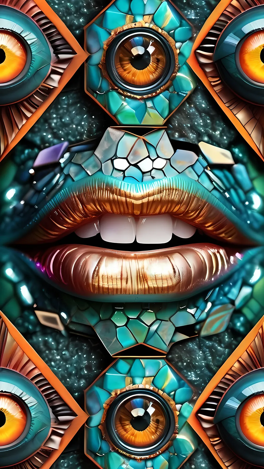 Prompt: Create an extremely hyper-realistic, ultra super textural, weird, trippy, surreal, psychedelic pattern/design based on Hexagonal tiling, with lots of human eyes (crazy colorful compound psychedelic), rows of human teeth, human lips, and tongues. Include mineral crystal accents.

- **Colors**: Inspired by the elements, minerals, and metals: translucent, quartz, peridot, emerald, pyrite, copper.
- **Textures**: Derived from organic elements, minerals, and metals like diatoms, mold, fungus, crystals

**Composition and Layout**:
-pattern
- Arabesque tiling
- hyperbolic forms and structures
-zoomed out creating a surreal pattern/design using arabesque tiling

**Lighting**:
- Lots of bright light

**Detail and Atmosphere**:
- Extreme hyperrealistic sharp high detail high definition organic and mineral textures
- Psychedelic, weird, odd, surreal atmosphere
- Frozen in time

**Additional Elements**:
- Diatoms, extra rows of teeth, lips, many eyes,fungus

Capture this scene using a Leica Summilux-M 35mm t/1.4 ASPH film for a hyper-realistic effect.