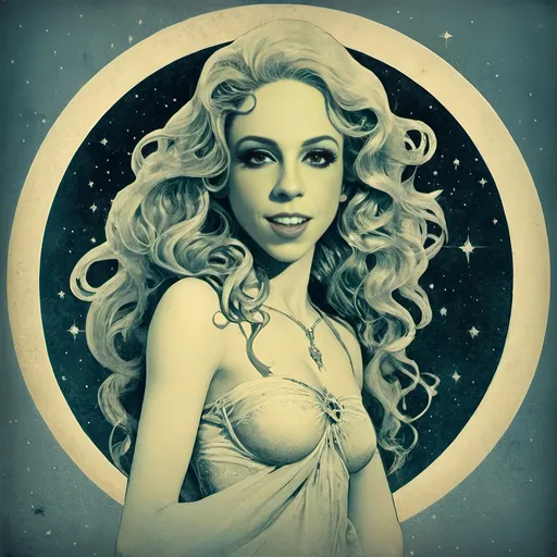 Prompt: Vintage Cyanotype print of a alien girl on the moon, long curly blond hair,  detailed silhouette, vintage artistic style, cool tones, subtle moonlight, high quality, cyanotype print, vintage, detailed silhouette, moon, girl, subtle lighting, cool tones