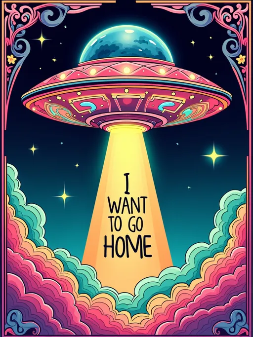 Prompt: Design a pop art nouveau illustration featuring a large UFO in a Lisa Frank-inspired 80s glam style beaming down the text phrase I WANT TO GO HOME - The UFO should be depicted using a palette of SILVER, hot pink, light bright orange, cyan blue, neon green, and purple. It should have vibrant lights and emit clouds of gravitational waves that distort the air around it. These waves should creatively form an art nouveau border, characterized by flowing, organic lines and intricate details.

The UFO should hover with a distinct, sharp ray of multicolored light emitted from its bottom, as if to beam something up. This beam should shimmer with the specified color palette, adding a dynamic and captivating visual element.

Incorporate bold, organic black outlines typical of art nouveau illustrations to define shapes and add emphasis. Use black accents strategically to enhance depth and detail, while maintaining the vibrancy of the colors.

The focus of the design should be a fully integrated, decoratively hand-drawn feminine girly text that says 'I WANT TO GO HOME' The text should be beautifully intertwined with the art nouveau elements, enhancing the overall composition and adding a whimsical touch, all while using the same limited color palette.

The entire composition should be set against a rich black background, enhancing the vibrancy of the colors and adding depth to the design. Integrate celestial motifs such as stars, planets, and galaxies into the border, seamlessly blending with the overall theme.

The overall design should be a harmonious blend of the playful, colorful essence of Lisa Frank with the elegance and sophistication of Alphonse Mucha's art nouveau, restricted to the vibrant five-color palette outlined in black against a black background, creating an ethereal and otherworldly atmosphere.