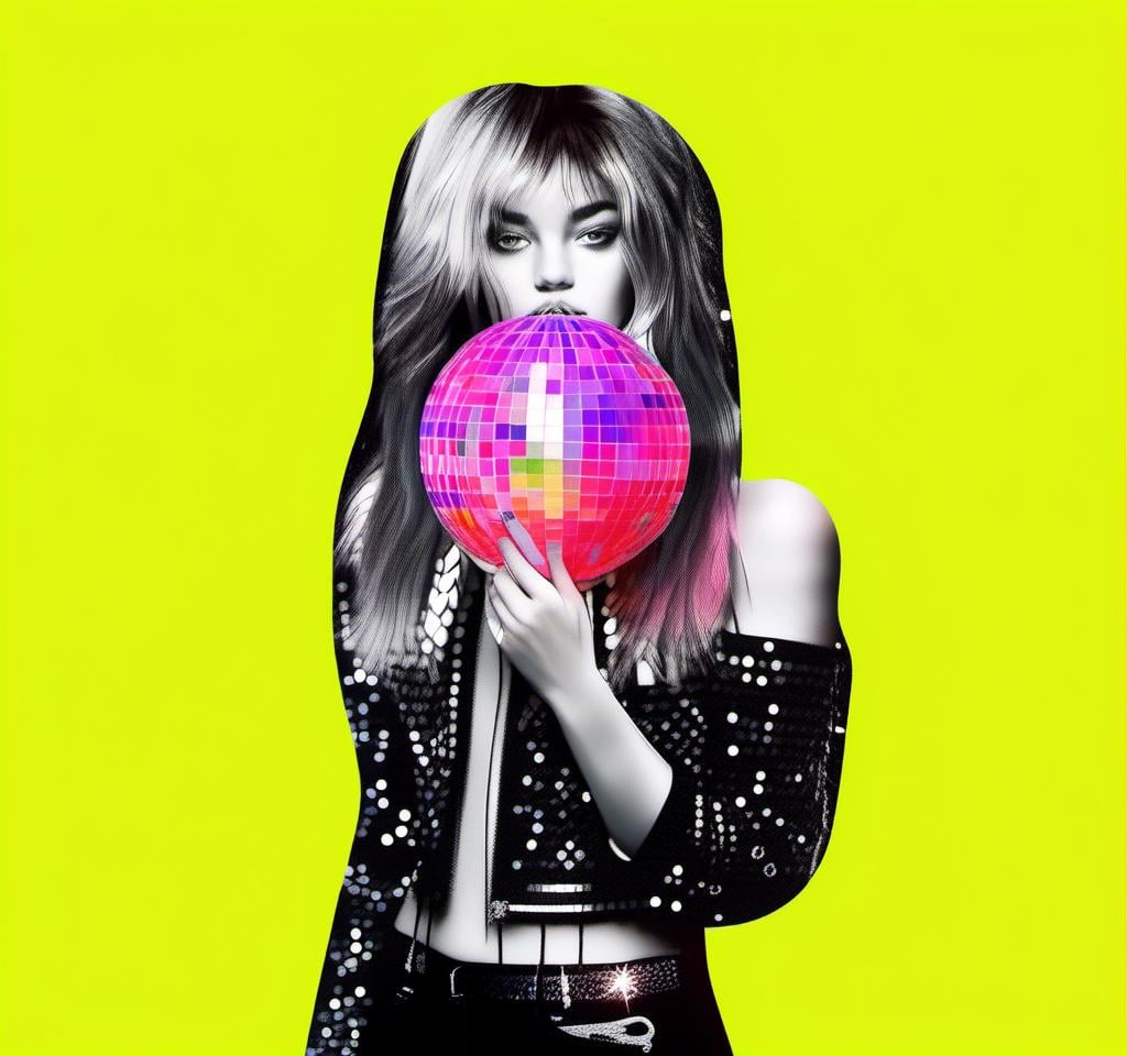 Prompt: A mixed media collage featuring a black and white photograph of a girl that is cut and spliced with mixed media stuff to create a disco inferno vibe. Neon retro disco colors, disco balls, colored lights, disco style and aesthetic utilizing but not limited to paints, enamels, glitters, metallic foils, rhinestones, marker, paintbdrips and spatter, torn or cut paper, folded paper, sequins, shiny holographic finishes <mymodel>