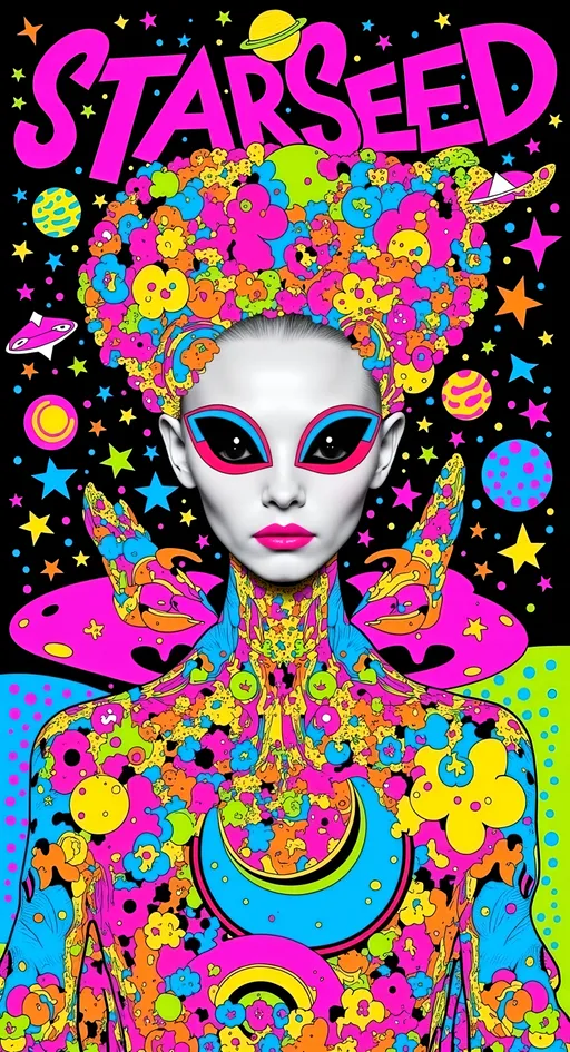 Prompt: Text - STARSEED - in a cursive hand drawn decorative art nouveau organic script style- Design 3 color a pop art nouveau t-shirt featuring a Lisa Frank-inspired 80s glam futuristic alien woman, limited to four vibrant colors. The central figure should be an alien woman with a classic 'gray' alien appearance—big pointed head and large almond-shaped solid colored dark shining eyes—styled with glamorous 80s fashion elements. Use bright, bold colors typical of Lisa Frank, incorporating metallic and neon hues to emphasize the futuristic theme. Surround her with whimsical elements like stars, planets, galaxies, and UFOs, all infused with a pop art nouveau flair. Add details such as sparkling jewelry, bold makeup, and flowing hair, reminiscent of 80s glam. The design should be eye-catching and energetic, blending the playful essence of Lisa Frank with the elegance of art nouveau, perfect for a standout t-shirt.