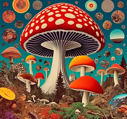 Prompt: <mymodel>Retro psychedelic collage of vibrant, 70s-inspired fungus, mushrooms, vibrant colors and patterns, surreal collage cut and paste composition, landscapes, trippy patterns, optical illusions, planets vintage analog texture, high quality, retro, psychedelic, vibrant colors, surreal, vintage, analog texture, detailed patterns, artistic