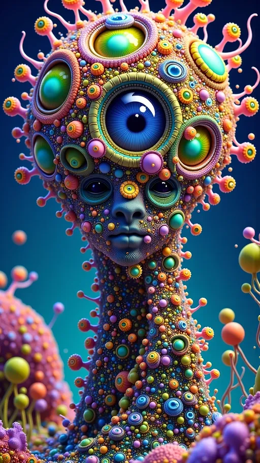 Prompt: An extremely super hyper detailed hyperrealistic weird surreal trippy psychedelic entity emerges, adorned with lots and lots of crazy psychedelic compound human eyes, meticulously arranged in a mesmerizing Fibonacci Spiral pattern. These eyes, each a kaleidoscope of colors, reflect the intricate beauty of the Mandelbrot Set, spiraling infinitely with bulbous shapes echoing the entity's fractal nature.

Rows upon rows of psychedelic teeth chatter in a rhythmic dance, each tooth a miniature, multifaceted crystal reminiscent of the vivid hues of Fluorite, transitioning through purple, blue, and green. The entity's skin is a living tapestry of textures, its surface a shifting mosaic of Quartz and Pyrite, glistening with metallic luster and the iridescent glow of Labradorite.

Microscopic details reveal a universe within, as the entity's form is interwoven with the complex geometries of Ammonia tepida and the spiral nautilus-like elegance of Spiroloculina communis. These elements form a delicate lacework, a testament to the harmony of natural and mathematical beauty.

In the background, the sky is a swirling mass of Quantum Foam, bubbles of reality frothing and merging, while the ground beneath is a tessellation of Voronoi cells, each a vibrant patchwork of Azurite's deep azure and Malachite's verdant greens. The air is alive with the shimmering presence of Quantum Strings, vibrating with the frequencies of the universe, casting ethereal shadows that dance upon the entity's form.

This psychedelic vision is steeped in the surreal, a joyous celebration of color and form, where every detail reflects the universe's infinite complexity and boundless creativity, inviting the viewer into a world where reality and imagination blend seamlessly.