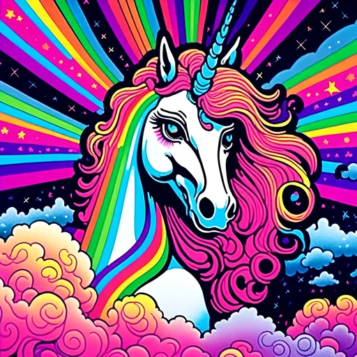 Prompt: <mymodel>Vintage 70s black light poster art illustration of a sparkly unicorn, fluffy white clouds with rainbows, psychedelic colors, retro art style, vibrant neon tones, glowing black light effect, detailed mane and tail, dreamy atmosphere, high quality, retro, psychedelic, vibrant colors, detailed illustration, soft pastel tones, glowing neon, vintage design, fantasy art