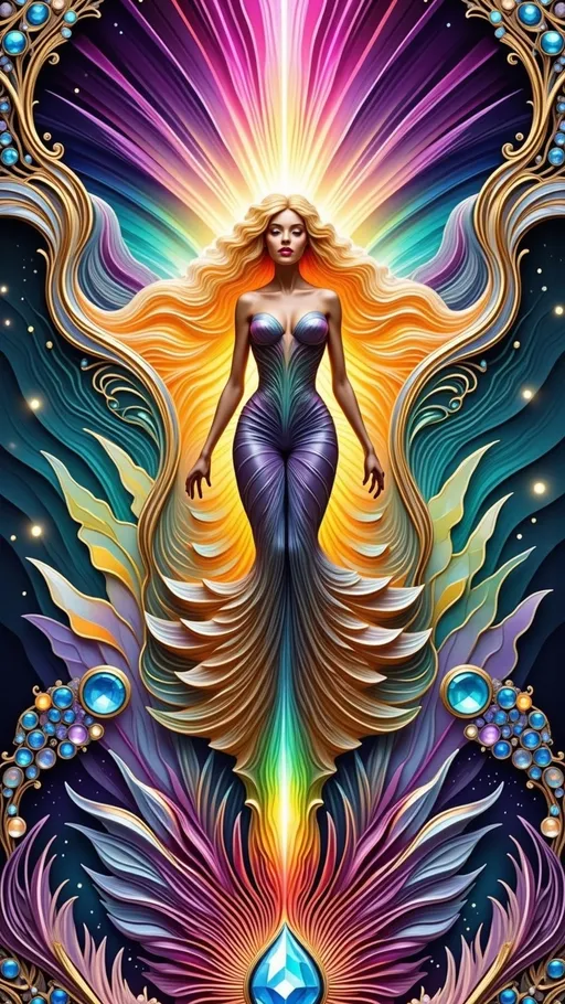Prompt: At the heart of this abstract design stands a luminous figure of a woman with long blond curly hair, her locks cascading and curling like waves of golden energy. Her hair becomes a living embodiment of vibration, morphing into strands of glowing harmonic frequencies that ripple outward, blending into the surrounding elements. The background is alive with cymatic patterns, intricate and crystalline, their geometric forms shimmering in hues of silver, turquoise, and violet. Surrounding her are circular ripple patterns, expanding in translucent layers of blue and green, symbolizing the ever-expanding resonance of creation. Above her, ethereal auroras streak the sky in radiant arcs of pink, purple, and gold, their movements echoing the dynamic flow of universal vibrations. Her form is encased in a halo of oscillating waveforms, glowing brighter near her, as if she is both the source and the receiver of this cosmic energy. Beneath her, Chladni plate patterns emerge, grounding her ethereal presence with symmetrical, resonant designs that pulse with life. The entire composition flows together seamlessly, a celebration of vibration as the essence of existence, with the woman embodying the bridge between the physical and the energetic, the human and the infinite.