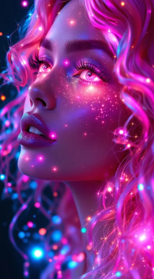 Prompt: Her face is a modular masterpiece—cheekbones traced with the shimmer of moonshine symmetry, every angle tuned to a hidden harmonic. Newton fractal veins glow faintly beneath translucent skin, shifting in color with each emotion. Her eyes burn with prime number fire, irises tiled in Penrose symmetry, blinking with curved light logic. Laughter echoes in Hilbert paths across her cheeks—space-filling joy spirals, soft and bright. Hair spills around her in radiant pink curls, styled by quasiperiodic forces and recursive wave equations—each strand flowing in luminous fractal tension. Geometry pulses at the hairline, recursive symbols glinting in neon mathdust. She is wrapped in hyperbolic aura-rings, layered in color-feedback like living topology, her presence refracting sacred math through joy, emotion, and colorfields.”

⸻

Visual Keywords:
Modular face symmetry, Newton glow skin, Penrose-tiled irises, Hilbert smile trails, pink recursive curls, fractal symbol halo, hyperbolic color aura, neon mathdust, prime fire eyes