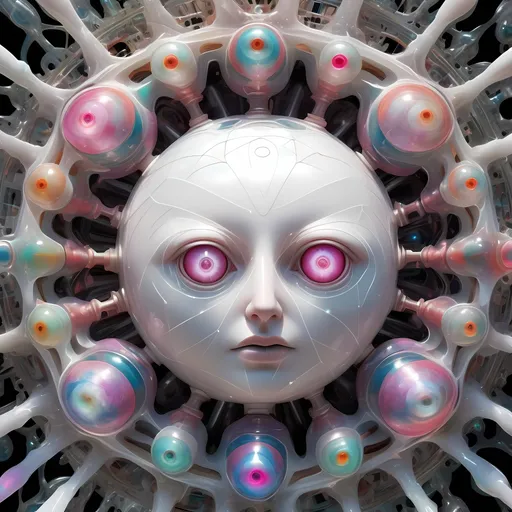 Prompt: a translucent white many sided multidimensional extra dimensional geometric shape churning through many extra dimensions etherically, covered in eyes, biological and mechanical simultaneously with random pops of brilliant vibid psychedelic color 