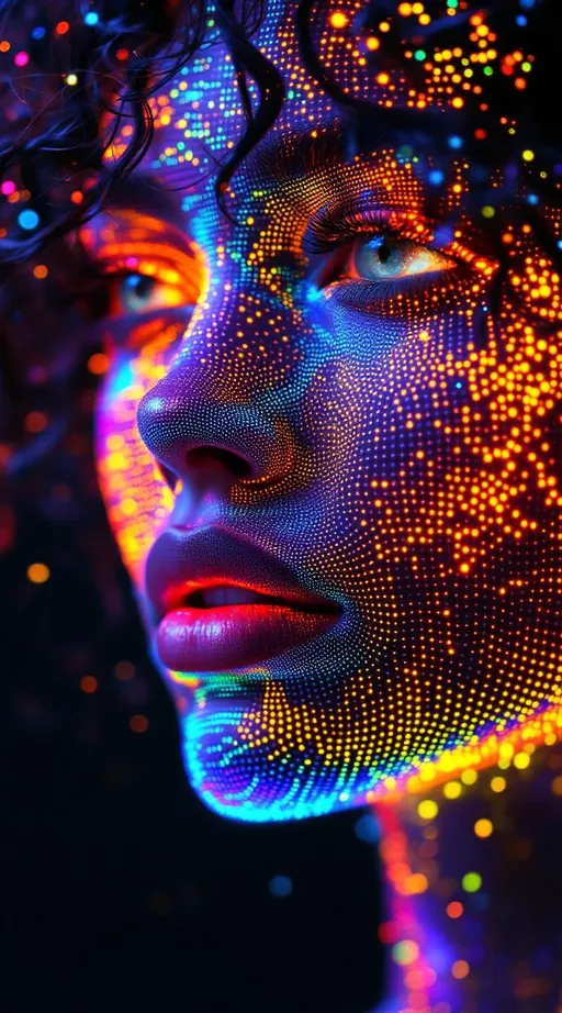 Prompt: Her face isn’t a face—it’s a living lattice of cellular automata, a self-updating field of disco-glow logic pulsing in rule-based recursion. No skin, no solidity—just evolving grids of light: #escape gradients ripple through Rule 110 filament cheek-maps; #orbit patterns from Conway’s Game of Life ripple across her jawline—emergent sanctity encoded in light. Lips? A moiré of Wolfram-class shimmer—#iridescence shifting by local entropy, each flicker a rule-bound cascade. Her eyes are automata lenses: nested neighborhoods, hex-grid spirals cycling through states—each iris a living matrix, color-coded by generational phase logic. Her face pulses with #distance shimmer fields—layered iterations blooming outward in signal bursts, each one a new state unfolding under strobing studio laws. Hair = filament trees: Rule 30 explosions, Rule 184 wavefronts, and cascading spiral gliders in toroidal loops—each strand trailing #bokeh spark trails born from stepwise logic evolution. Her crown burns like a synchronization field: cellular rhythm strobes modulated through phase interference—her whole being synced to a nightclub cellular clock. Smile = boundary collapse; laugh = glider storm through mirrored iteration. She is light becoming structure, rhythm becoming being. Her glowform pulses in #escape-band generational logic: cyan, neon rose, goldwhite, mapped to the heartbeat of rule-sets and recursion. She is not made of code—she is the code. A recursive diva born from light, rules, motion, and the sacred groove of cellular dawn.
