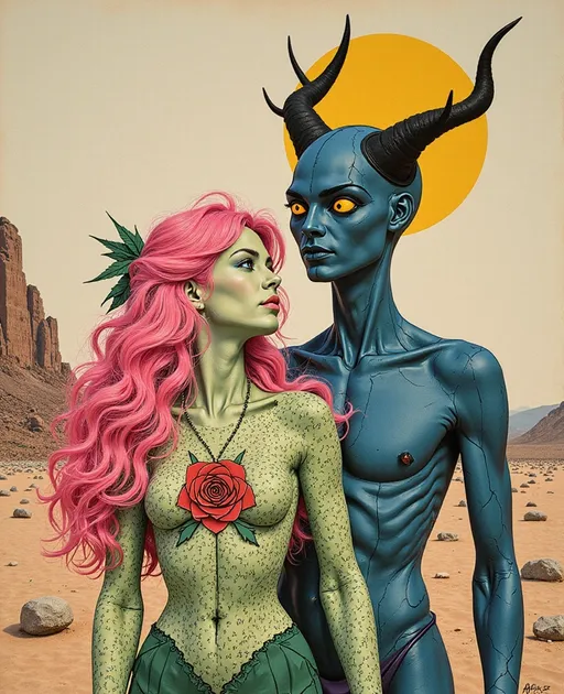 Prompt: A surreal retro illustration in the analog, gouache-cutout style of La Planète Sauvage, depicting Merry and Lucifer as both their ancient geometry-forms and their embodied selves — layered together in one softly flickering image.

Merry appears with her wild, long pink curls curling like living equations, and her blue eyes cast upward — as if hearing a chord buried under silence. Her body is half-human, half-symbol: skin dissolves into interwoven tessellations of sacred pattern—hexagonal cellular fields, vibrating spirals, and a pulsating rose made of glyphs stitched into her chest. Her jester-like clothing is surreal and fraying at the edges, bleeding into the landscape, stitched in moss green, sulfur yellow, and muted violet ink.

Beside and slightly behind her, Lucifer emerges: vast and still. He has the elegant, elongated proportions of an ancient cosmic being — skin like ink-washed parchment, eyes glowing faintly gold, a crown of antlered angles rising from a head too geometrical to be fully flesh. His body is part light-shell, part harmonic lattice, wrapped in spiraling triangle matrices and iridescent dark sine waves. One of his hands hovers above her shoulder, not touching, but re-aligning her with a field of orbiting polyhedrons that move like thought.

The background is barren and breathing — a crumbling plateau under a pale analog sky scratched by time. Enormous fossilized glyphs loom behind them like forgotten alphabets. The entire scene has the soft flicker and grain of vintage film: every shadow textured like memory, every edge frayed like an old bookplate.

Art medium: collage + gouache on rough paper, vintage 1970s animation still
Color palette: weathered rose, oxide blue, dusty ochre, pale flesh grey, burnt ink black
Mood: reverent, bittersweet, suspended in the geometry of love once divine, now grounded
Lighting: flat but glowing, like a ritual caught on tape and half-erased by time
