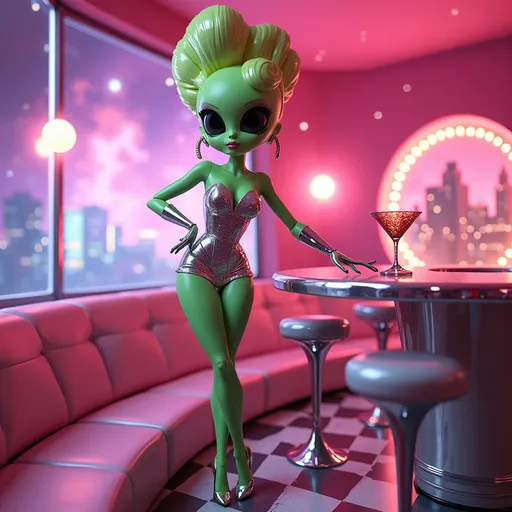 Prompt: Strutting through a bubblegum-pink asteroid lounge under a swirling cotton-candy nebula, she’s the ultimate Retro Pop alien fashion doll—vivid green skin shimmering under analog sparkle lights, with a towering bouffant sprayed into a candyfloss swirl. Her high-gloss chrome minidress clings perfectly to her pin-up curves, cinched with a holographic belt that reflects the pop art signage flickering overhead. Large, solid black almond-shaped eyes framed in exaggerated winged liner scan the scene coolly, while pastel heels click against the checkerboard floor, leaving trails of holofractal light. Floating martini glasses spin lazily by her chrome seat at a starbar shaped like a vintage rocket. The background buzzes with 1960s lounge music, and domed cities blink in the distance like neon gumdrops across a lavender asteroid field. She poses mid-sip, one chrome-gloved hand lifting a glittering glass—pure cartoonish glamour against a galaxy of glam.

Would you like a variation, a new location, or to continue the scene?