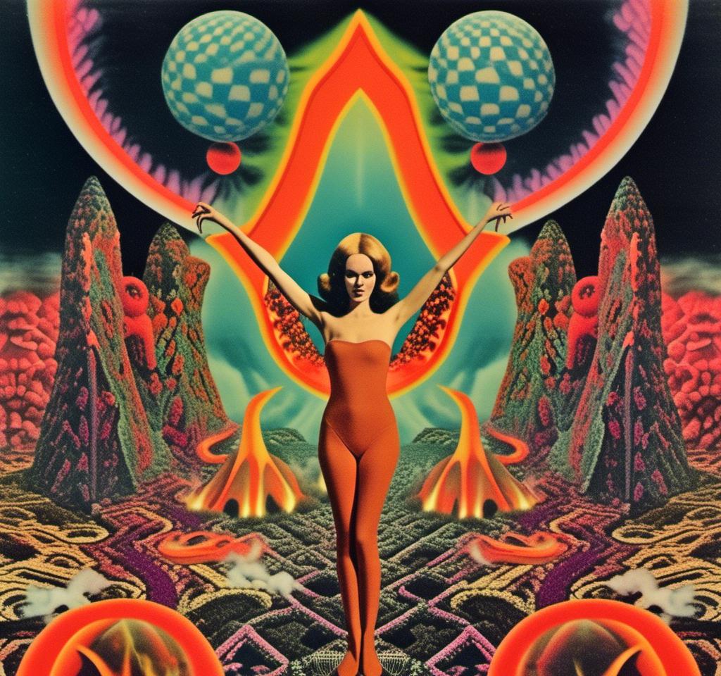 Prompt: a vintage surreal 70s psychedelic collage with the theme of hell, the fires of hell, the devil, and a succubus clothed in smoke fire and latex dancing. Utilize photography and art, trippy psychedelic patterns/optical illusions, orbs, flames, surreal hellish landscapes and geometry with a vintage 70s art house science fiction feel to this cut and paste surreal trippy collage <mymodel> 