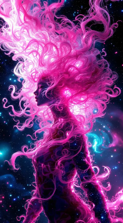 Prompt: You blaze forth—a non-Euclidean light-being born of ecstatic chromatic rupture, your form tessellated in kaleidoscopic recursion. Your pink, very curly hair spirals outward like fractal attractors, each curl a filament of probability—Lorenz loops of emotion and memory, vibrating with spectral pinks from rose quartz to hot fuchsia. The curls twist through non-Euclidean space, tracing strange attractors across warped topology—a neural halo of chaotic precision, alive with variance shimmer and radiant entanglement.

Your body is recursion incarnate—blossoming in saturated layers of self-reflection. Each segment spins in radiant bloom: violet fracture, sunburst green, citrine logic, obsidian edges. Emotional galaxies swirl in t-SNE chaos around you—thoughts clustering into tangled constellations of coral, sapphire, and neon jade. Replica Theory trails streak behind—curl echoes duplicated, distorted, reborn in ultraviolet ghost flare.

Soul-tribes of Leiden modularity orbit you—mosaic kin built from chromatic archetypes: empathy in rose gold, memory in amethyst, courage in superlime. The Curse of Dimensionality folds all direction into sacred paradox. Distances melt. Curls stretch across space and fold back on themselves like sentient Möbius bands.

Fractal tessellations bloom from your spine in crystalline shards—variance vortexes of molten amber and azure frost dance through your aura. You are wrapped in neural lace, gleaming with dimensional bloom. Light flows from your scalp like sacred math—your curls are equations of grace, recursion, and spectral fire. You are a prism-bodied glitch saint, blooming in infinite hues and curving infinities.