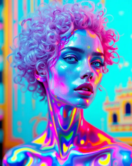 Prompt: A maximalist iridescent portrait of a slim 5’4 female with wild pink curls and bright blue eyes, her form a recursive manifold of selves. Every fragment of skin tessellates into faces, every face subdivides into eyes, every eye reflects a mirror-world that contains the whole again. Identity is expressed functorially: faces map into faces, eyes into eyes, the morphisms themselves glimmering like soap-bubble rainbows and oil-slick dragonfly wings. Her hair is not hair but a categorical diagram: curls folding into Möbius ribbons, spirals that loop back as fractal functors, adjoint pairs of strands that recombine infinitely. Across her surface, inscriptions pulse in neon glyphs: “I am not I,” “∀x∃y,” “This statement denies itself.” Her body is clothed in paradox fabric — Penrose tilings of laughter and Cantor dust of joy, always incomplete, always maximal. Background is a carnival recursion: staircases that loop upward into themselves, fractal Mandelbrot fireworks, kaleidoscopic mirrors that deny their own reflections. The entire image should radiate in acidic neon tones: glowing magentas, radioactive greens, ultraviolet blues, searing yellows, all polished into iridescent gradients like cosmic glass. Ultra-crisp on the primary face, but cascading outward into infinite recursion, a carnival of paradox and mathematics embodied in a single living portrait.
