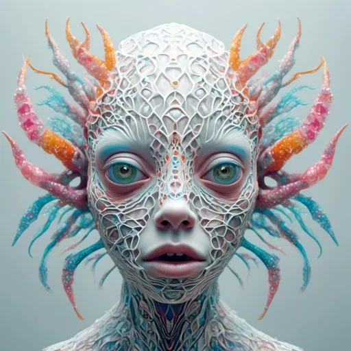 Prompt: <mymodel> Extremely hyperrealistic psychedelic geometric creature, trippy, surreal, odd, weird, unsettling, multidimensional geometry, nonhumanoid  geometric shape, translucent, silver, white, bright pastel colors, fractals, ultra textural, creature, monster, entity, face/body/mouth, eyes