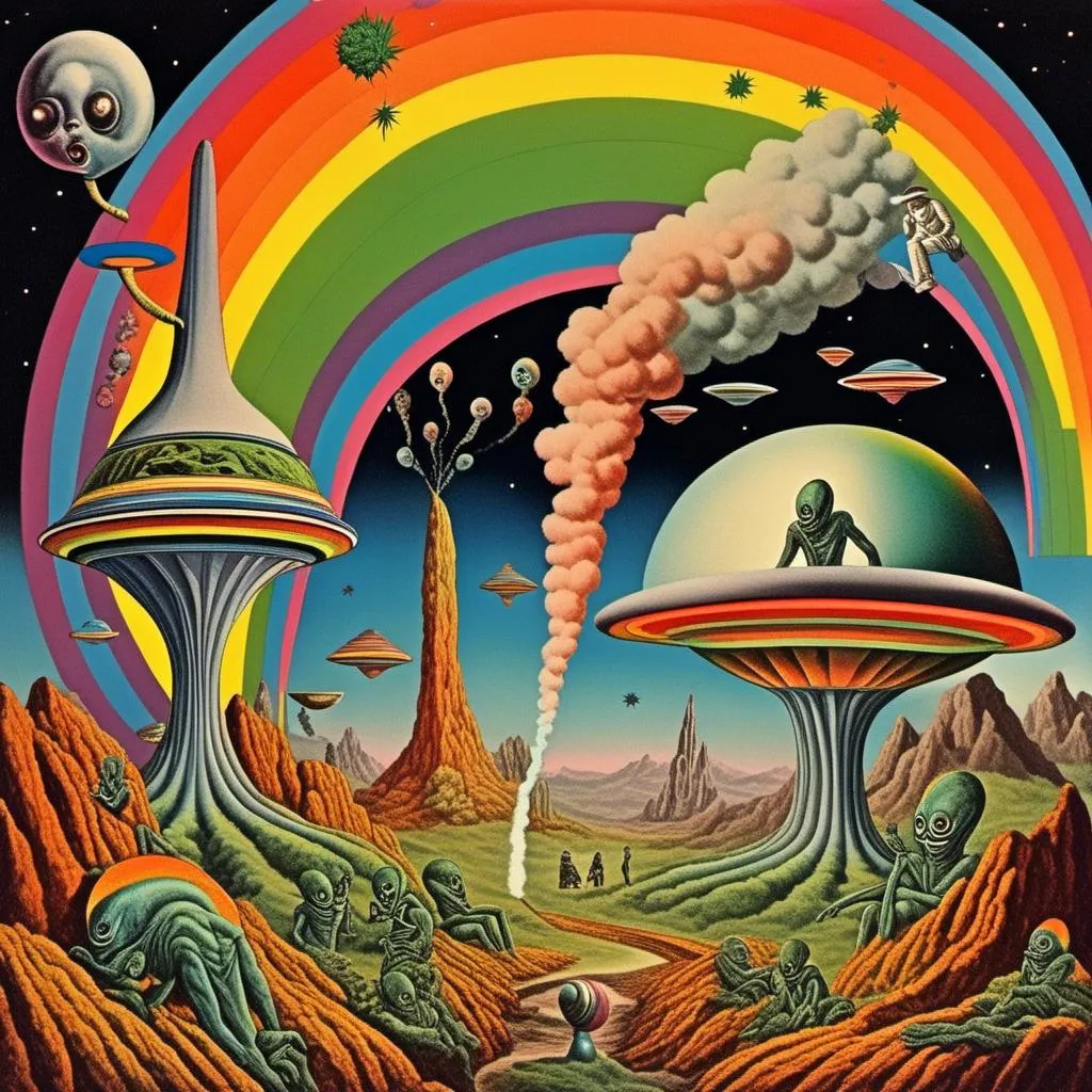 Prompt: A surreal vintage 70s psychedelic sci-fi collage involving- aliens, UFOs, cannabis, marijuana, aliens smoking reefer, aliens smoking weed out of a bong, spliced in with alien surreal landscapes, geometric shapes, optical illusions or trippy psychedelic patterns, planets and starts, rainbow spectrums<mymodel>