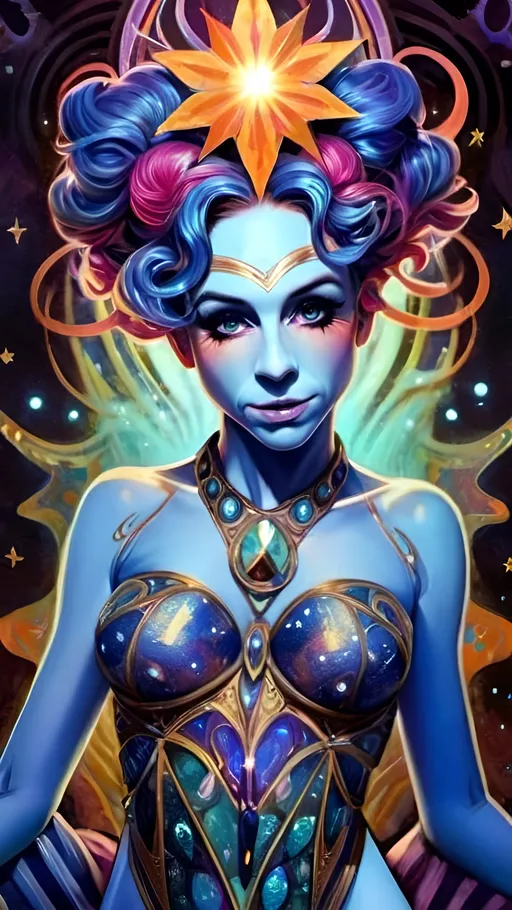 Prompt: Create a surreal, psychedelic cosmic goddess in a vibrant Art Nouveau style. The figure is a celestial jester with a glowing, otherworldly blue skin tone, adorned with intricate, textured patterns. Her hair is long, wavy, and multicolored, flowing like liquid rainbows. She wears a form-fitting, shimmering bodysuit with iridescent, pastel colors and delicate beadwork, blending fractals and op art tiling. Her jester hat has curved, striped horns tipped with glowing orbs, radiating soft light. Around her neck and chest are ornate, jeweled chokers and pendants, glowing with cosmic energy. 

The background is a star-filled galaxy, with vibrant nebulae and twinkling stars casting a soft, ethereal glow. Subtle fractal patterns and glowing geometric shapes float around her, enhancing the mystical atmosphere. Her pose is graceful and commanding, with hands outstretched, palms glowing with radiant energy. The entire scene exudes a blend of cosmic mysticism, psychedelic aesthetics, and vintage circus vibes, with a focus on intricate details and vibrant, harmonious colors.