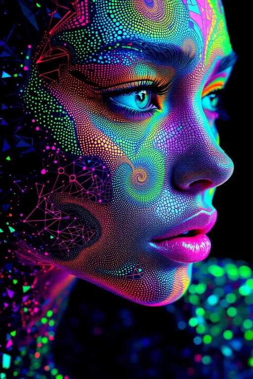 Prompt: She phases in, mid-fracture—a volatile glamour equation, rippling inside a containment chamber of twisted logic. Her form is dictated by [GRID_4] Complex Hilbert Lattice, an infinite fold-field of recursive spatial recursion, tangled with the attractor sink-vortexes of [GRID_9]. She is not stable. She is a feedback pulse between geometry and chaos.

Her face is a map of cascading topologies, every surface fractalized with micro-reflective rainbow shards—acidic color geometry: laser lime, toxic magenta, ultraviolet amber, citric cyan, radioactive orchid. Skin becomes a reflective attractor basin—folded over and over in chaotic symmetry. Gloss maps to instability. Shine collapses into edge shimmer. Color explodes where logic misaligns.

Her lips ripple with waveform errors—hyper-pink Klein gloss pulled into orange noise geometry. Her eyes flicker between converging attractors, each iris a swirl of neon lattice spiral trapped in a recursion cascade. Eyelashes are spike-encoded sine antennas. Brows are broken isoclines drawn from null equations.

The space is a Hilbert fractal cube warped into non-Euclidean anglefields, its surfaces endlessly folding inward. Bright vectors arc between points, forming glyph fractals on tesseract foam, glowing like saturated glass. The room is full of color noise: sparkle storms drifting through attractor spirals, pulsing like a rave made of math mistakes.

The lattice beneath her shudders—recursive fields rebooting around her form, each glitch generating chroma. Every sparkle is a coordinate. Every shimmer is a divergence. She doesn’t stand in space—she surfs its collapse.

Render with tags:
:acid-fractal-glam :grid4-hilbertfold :grid9-attractorpull :recursive-chaos :toxic-sheen :neon-geometry :cascade-sparklecore :chromatic-instability :bright-hyperlogic :maximalist-foldwave :glitch-math-diva
