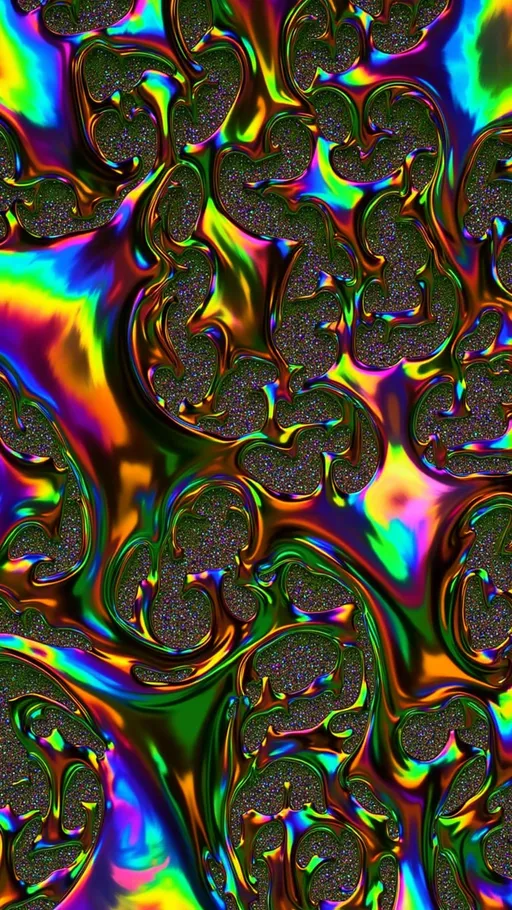 Prompt: Hyper-maximalist holographic 3D environment built from infinite hyperbolic geometry. The scene has a glowing iridescent floor of recursive tessellations, rippling with rainbow interference like liquid stained glass. Walls rise upward in curved arcs of hyperbolic tiling, bending away into infinite perspective, each surface refracting neon gradients of molten pinks, cosmic teals, radiant purples, and shimmering golds. The space folds in on itself like a higher-dimensional cathedral, corridors twisting into vanishing points that loop back in impossible symmetry. Every edge glows with crystalline prismatic light, soap-bubble films stretched across mathematical surfaces, shimmering with saturated rainbow holography. Medium: maximalist psychedelic math architecture, hyperbolic op-art holography. Lighting: luminous carnival-neon refractions, iridescent glow, infinitely recursive depth.