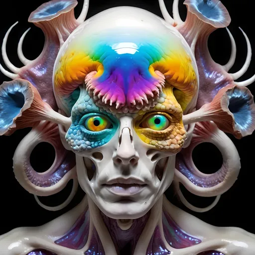 Prompt: Extremely hyperrealistic, ultra hypertextural psychedelic weird surreal hallucination entity creature, head, torso, geometric interdimensional tesseract, translucent white, bright pastel colors, swirling rainbow oil slick sheen effect, lots of light,  fungus, mushroom, lots of trippy crazy psychedelic human eyes, human teeth, brains, skin, metal, silver, chrome, leather, feathers, scales, fur,  Chromatophore, pigment cell, melanophore, iridophore, leucophore, xanthophore, erythrophore, cyanophore, pigment granules, melanin, carotenoids, pteridines, guanine crystals, reflective platelets, dermal chromatophore unit, pigment dispersion, pigment aggregation, color change, adaptive coloration, cryptic coloration, aposematic coloration, structural coloration, biochromes, photophores, neuromuscular control, hormonal control, neural activation, physiological color change, morphological color change, chromatophore expansion, chromatophore contraction, cellular signaling, light reflection, light absorption, light scattering, iridescence, bioluminescence, pigment synthesis, pigment degradation, chromatophore patterning, environmental adaptation, camouflage, signaling, communication, behavioral adaptation., extreme organic textures, metallic textures