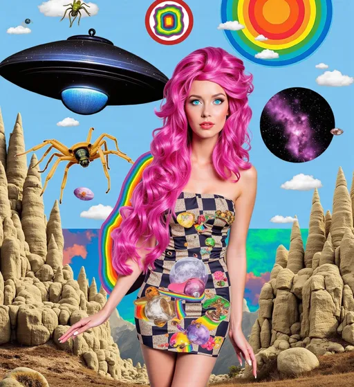 Prompt: A surreal psychedelic collage unfolds in a vibrant, otherworldly composition. At the center, a caucasian slim woman with long wild pink very curly hair emerges, seamlessly integrated into an alien dreamscape. Her hair spirals outward, merging into rainbow spectrums and optical illusion patterns—checkerboards that twist into impossible Escher-like dimensions. She wears a flowing, iridescent top patterned with crystalline shapes and 4th-dimensional geometry, her glowing blue eyes reflecting the mysteries of the cosmos.

Behind her, a flying saucer hovers, its metallic surface refracting shifting neon hues, beaming down a cone of light filled with floating psilocybin liberty cap mushrooms. The mushrooms glow faintly, their translucent caps adorned with fractal patterns that pulse with vibrational energy. Around her, the alien landscape is alive with surreal details: jagged crystal spires erupting from the ground, insects and spiders with kaleidoscopic exoskeletons crawling across surfaces, and shimmering pools of liquid light reflecting the stars of deep space.

The sky is a swirling cosmic tapestry of galaxies, nebulae, and 4th-dimensional shapes that twist and overlap in impossible ways. Quantum particles streak through the air, leaving trails of iridescence, while vibrations ripple outward in visible waves, distorting the space around them. Optical illusion patterns—spirals, grids, and infinite loops—blend seamlessly into the terrain, creating a sense of infinite depth and movement.

The color palette is a hypnotic mix of neon pinks, electric blues, acid greens, and golden yellows, balanced with deep cosmic purples and blacks. The lighting is surreal and radiant, with glowing highlights and prismatic reflections. The style is a retro psychedelic collage, blending analog textures with surrealist influences reminiscent of artists like Mati Klarwein. The mood is weird yet harmonious, a mesmerizing fusion of chaos and beauty, drawing the viewer into its kaleidoscopic depths.