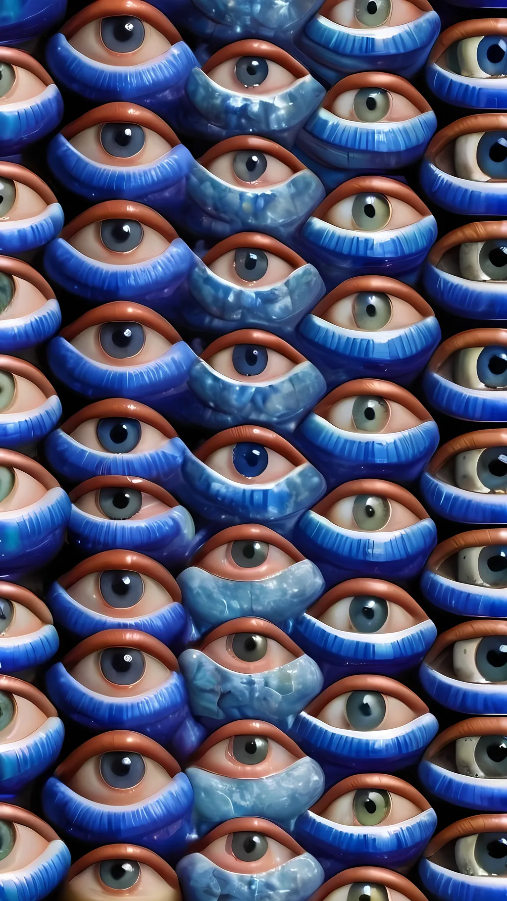 Prompt: Create an extremely hyper-realistic, ultra super textural, weird, trippy, surreal, psychedelic eyes/teeth/mouth pattern/design based on “Hemitrichia serpula” & “op art tiling” with lots of human eyes (crazy colorful compound psychedelic), rows of human teeth, human lips, and tongues. 

- **Colors**: determined by the natural properties and expressions of the elements (& their isotopes), raw rough minerals, and metals: Nickel (Ni), Tanzanite, Feldspar, Pectolite, Lazurite,  Indicolite, “Hemitrichia serpula”

**Shapes and forms**
- “Hemitrichia serpula”
-other shapes determined by the natural properties and expressions of the elements (& their isotopes), raw rough minerals, metals, and biological organisms: Fluorite, Nickel (Ni), Tanzanite, Feldspar, Pectolite, Lazurite, Indicolite

- **Textures**: Derived from any/all elements (& their isotopes), minerals, metals, crystals, organic things mentioned in this prompt: “Hemitrichia serpula”, Fluorite, Nickel (Ni), Tanzanite, Feldspar, Pectolite, Lazurite, Indicolite

**Composition and Layout**:
- a pattern/design based on the “Hemitrichia serpula”

**Lighting**
- lots and lots of bright shining reflective light


**Detail and Atmosphere**:
- Extreme hyperrealistic sharp high detail high definition organic and mineral textures
- Psychedelic, weird, odd, surreal atmosphere
- Frozen in time

**Additional Elements**:
- extra rows of teeth, lips, many eyes, “Hemitrichia serpula”, Aventurescence, Chatoyancy
