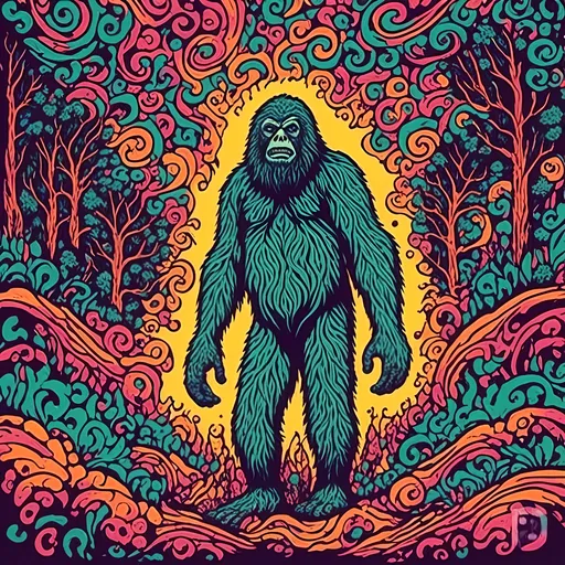 Prompt: <mymodel>Bigfoot, Sasquatch, cryptid, psychedelic poster art style, vibrant colors, swirling patterns, surreal atmosphere, high quality, detailed fur, intense gaze, forest setting, mythical creature, large scale, professional, atmospheric lighting